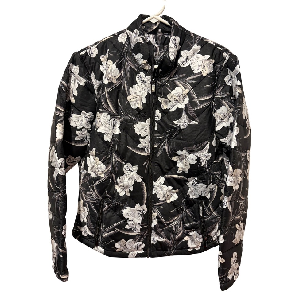 Tail Floral Quilted Puffer Jacket Black White Lily Print Full Zip GX0864-N852